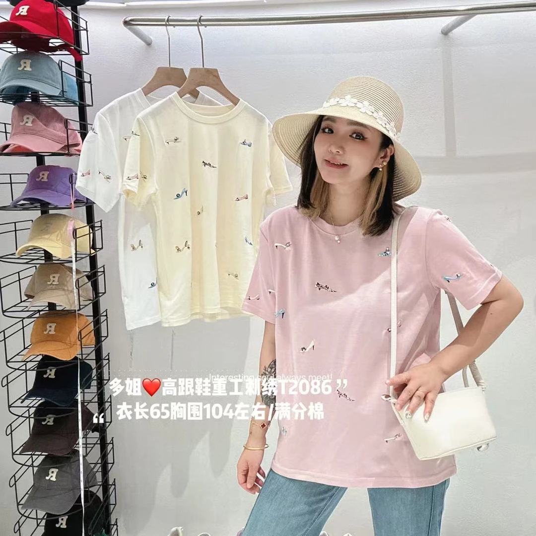 【多姐自卖】清仓❤高跟鞋重工刺绣T恤2086~清完无！正肩款体恤上衣
