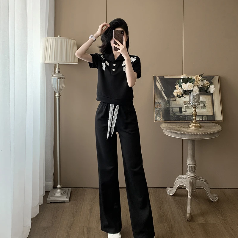 休闲夏季运动套装韩版高腰宽松阔腿裤垂感舒适拉链短袖显高两件套