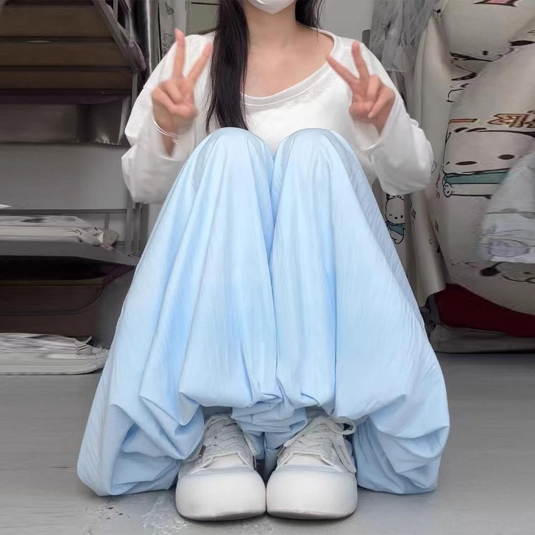 蓝色冰丝花苞裙裤女夏季薄2025新款高腰显瘦灯笼裤宽松休闲阔腿裤