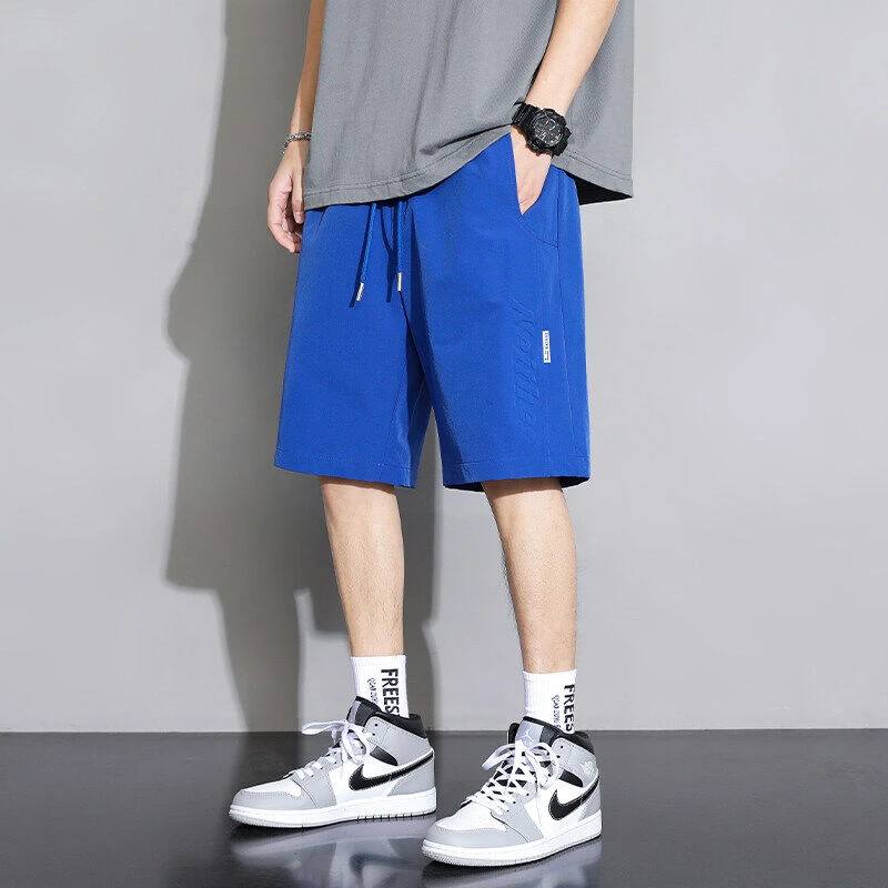 夏季新款男士休闲短裤色潮流压印直筒分裤子运动裤薄款宽松百搭透