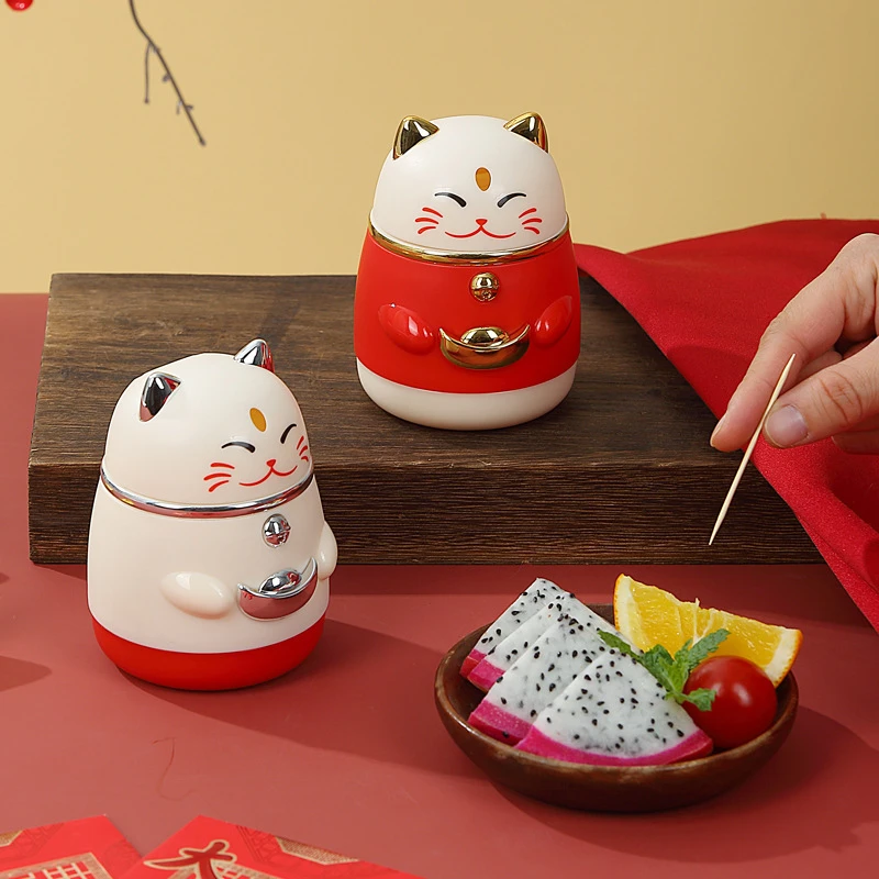招财猫按压式牙签盒家用高颜值自动弹出牙签筒便携卡通国潮牙签罐