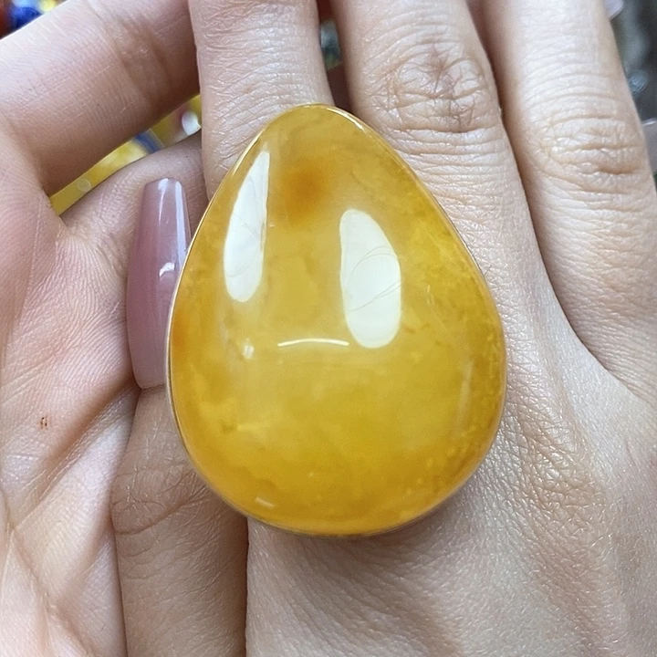 琥珀戒指银S925镶嵌梁**画戒指