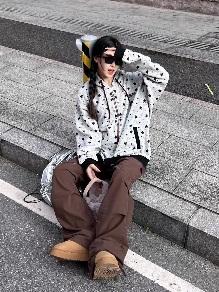 纯棉美式复古满印星星印花连帽开衫卫衣女秋冬宽松百搭慵懒风外套
