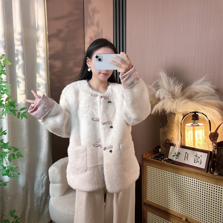 【玉金】新中式冬款麂皮进口环保毛外套