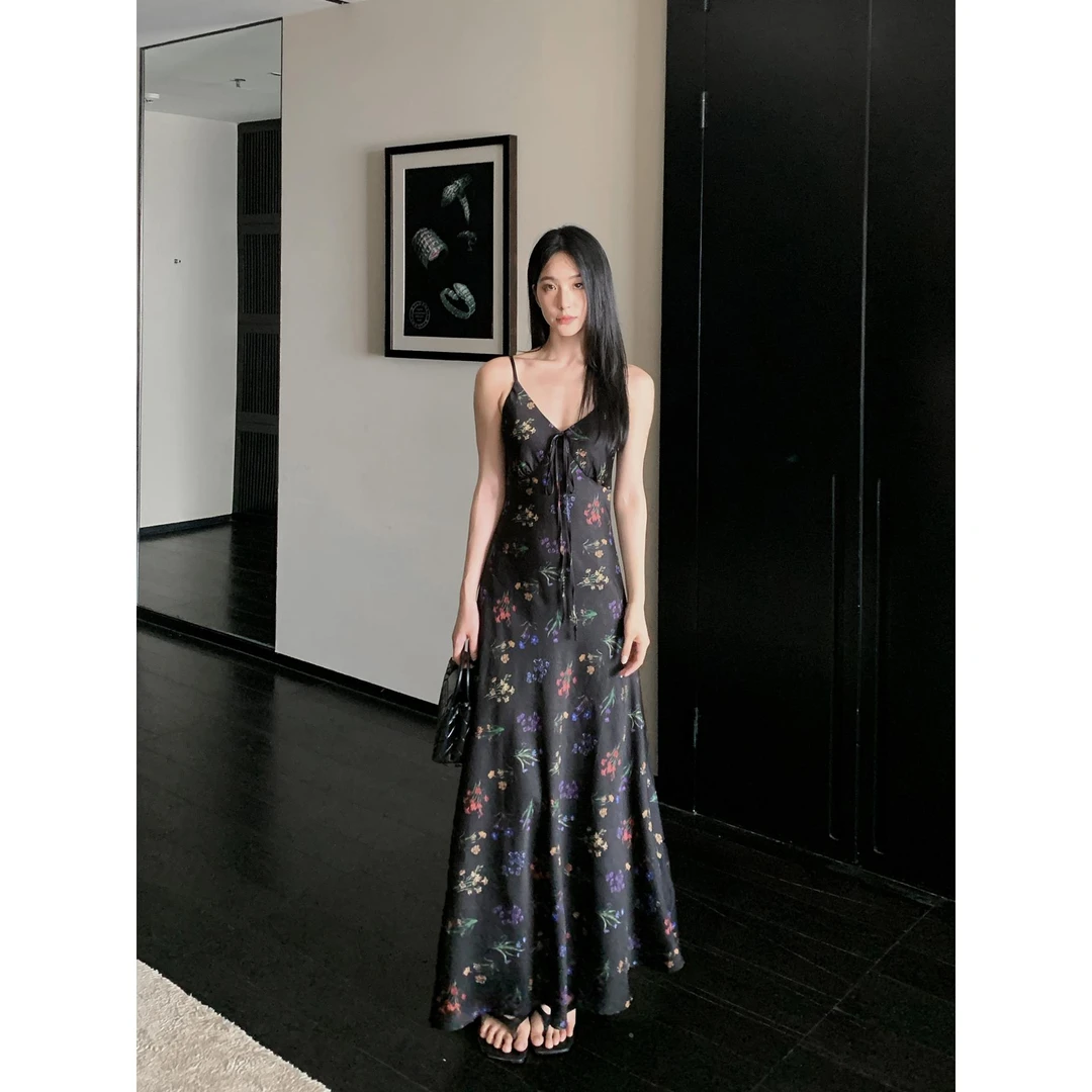 雨黑色高端花卉a字裙腰覆古吊带长款女装2025