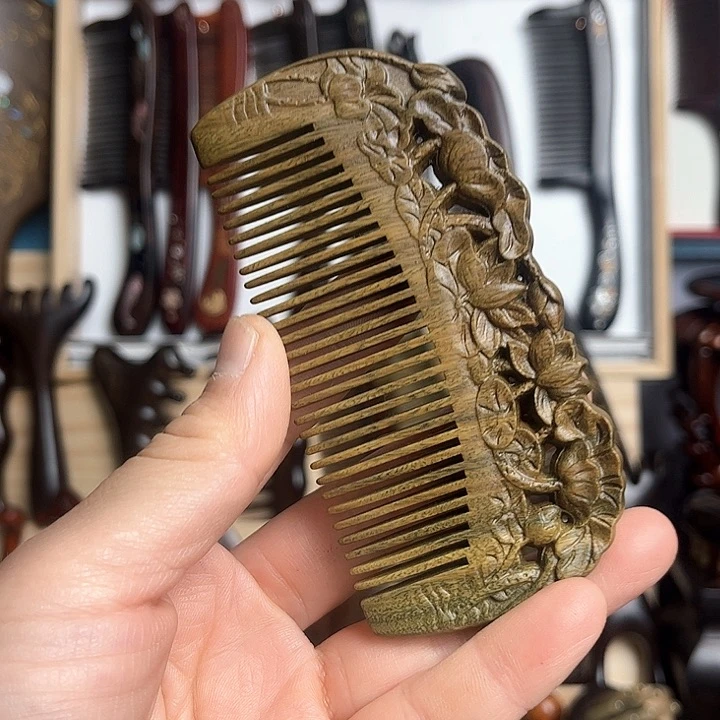交趾黄檀（大红酸枝）绿檀木荷花梳子