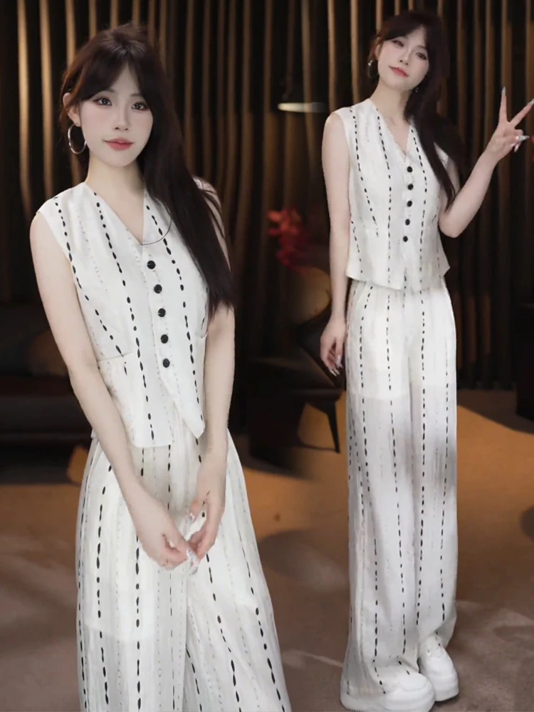 老钱风休闲气质套装女2025夏季新款时尚无袖马甲背心阔腿裤两件套