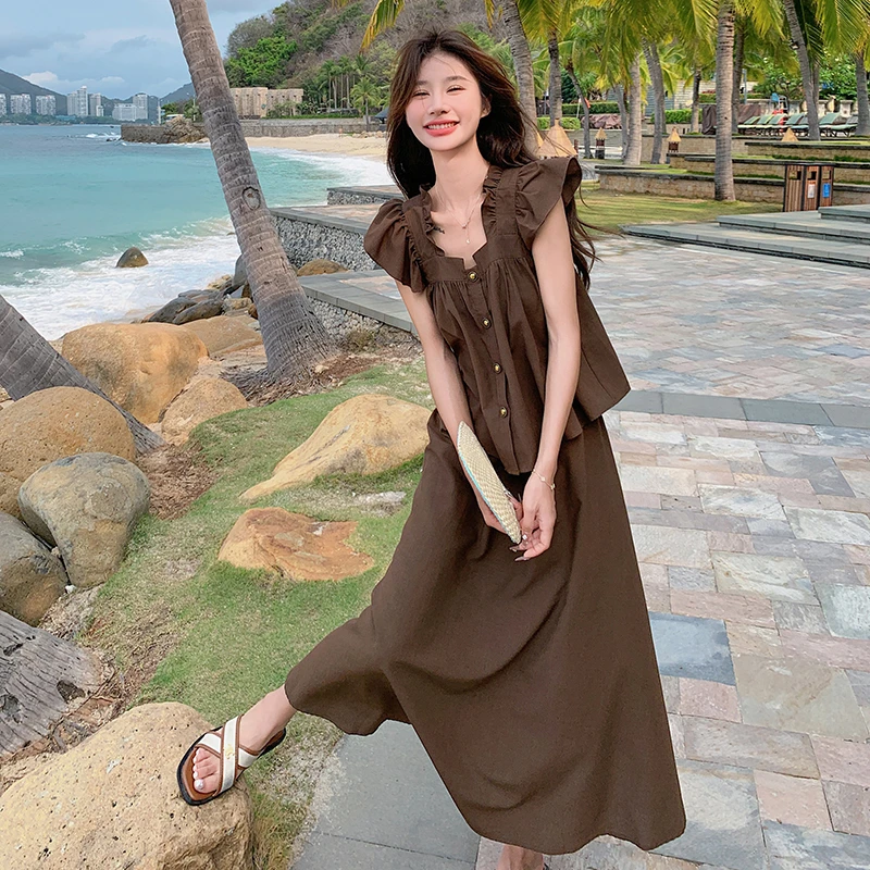 时尚套装裙女夏2025新款甜美减龄飞飞袖小衫显瘦减龄半身裙两件套