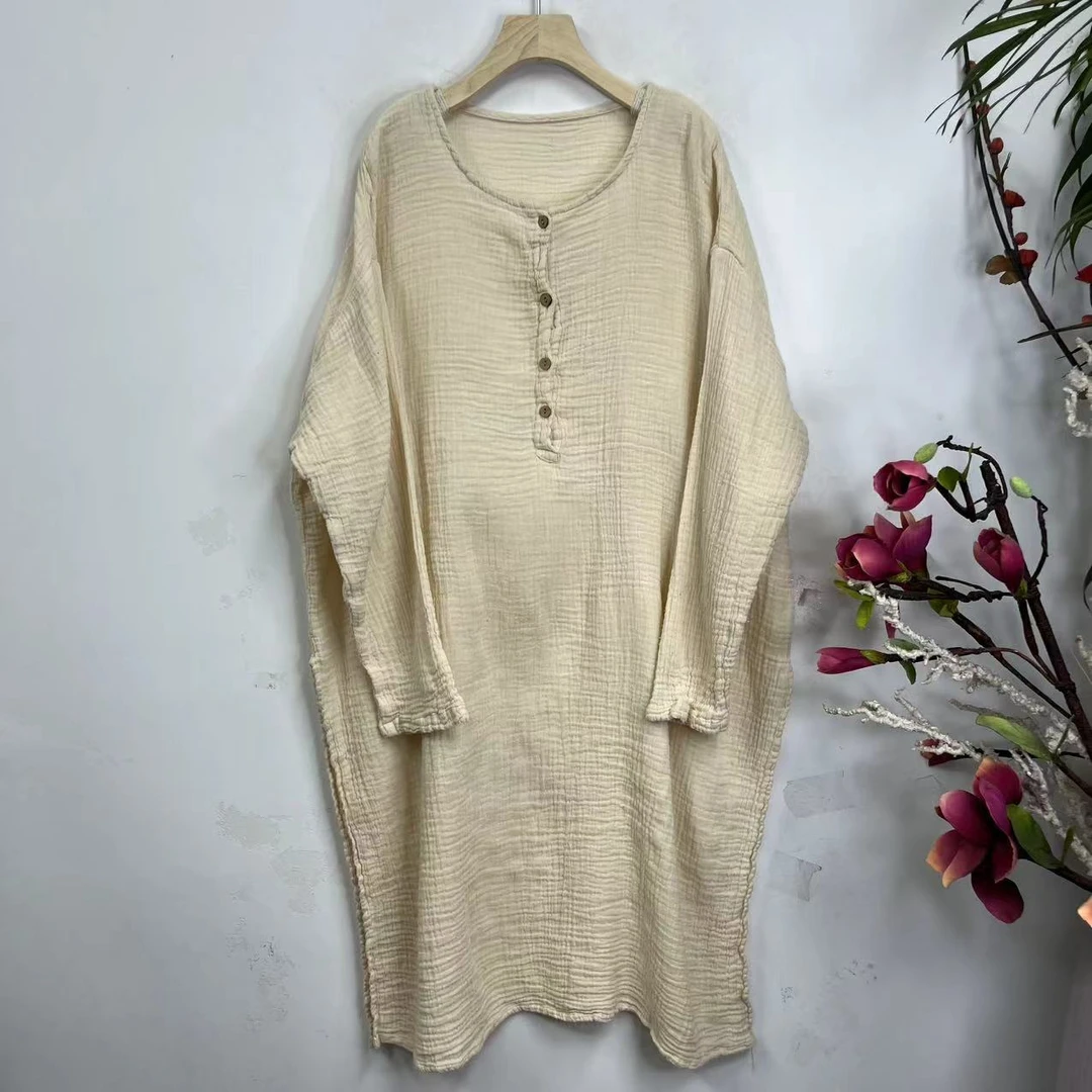 花璟原创设计款纯色长袖4粒扣圆领袍裙（衣长105胸围140）