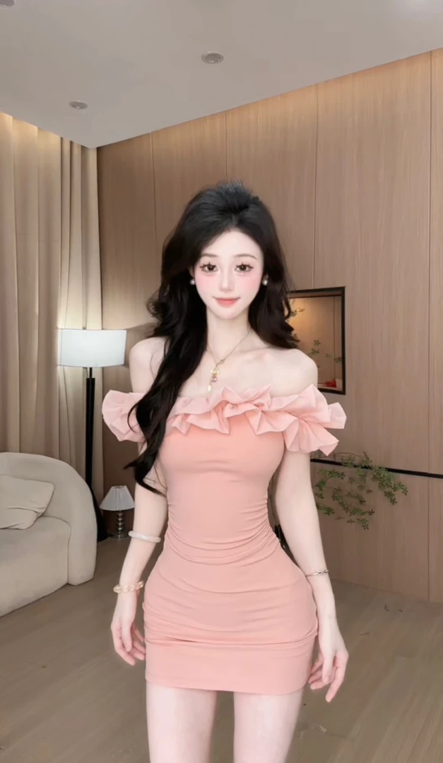 【暮色奶芙】一字肩荷叶边连衣裙女夏季修身甜辣收腰显瘦包臀裙子