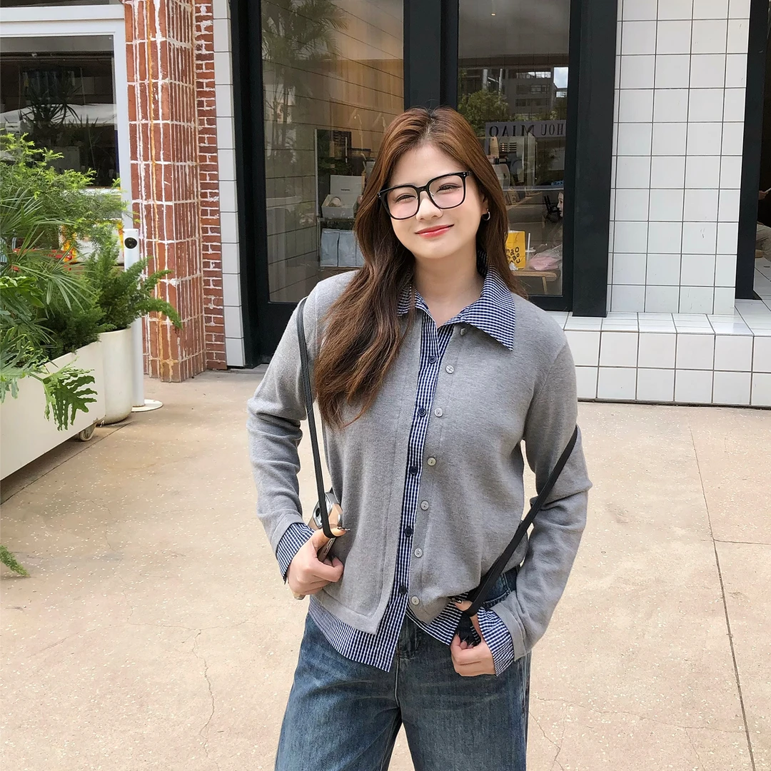 裂渡【拼接艺术】微胖大码女秋冬新款百搭假两件拼接针织衫ZY507F13