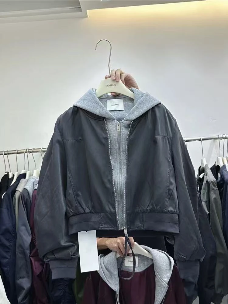 【mw1283】卫衣连帽拉链假两件拼接短外套夹克上衣高腰秋季