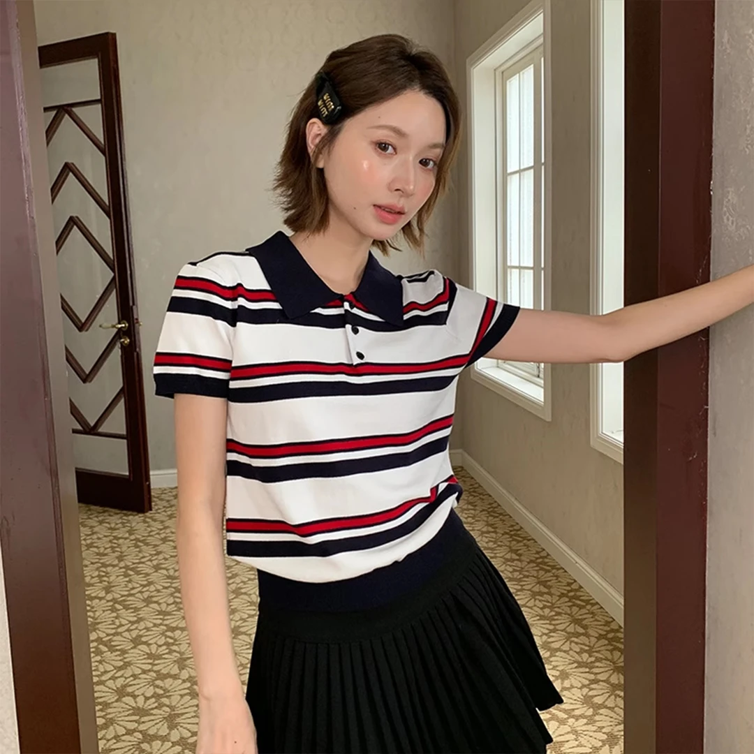 撞色条纹polo领短袖针织衫女夏季miu系短款修身百搭正肩T恤上衣薄