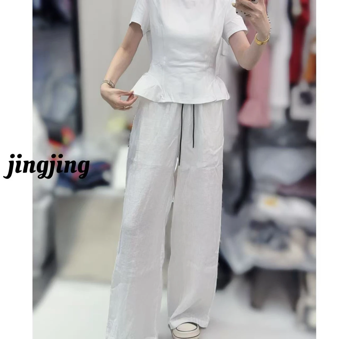 夏季凉感轻盈松紧中腰垂感亚麻休闲阔腿裤（25008）