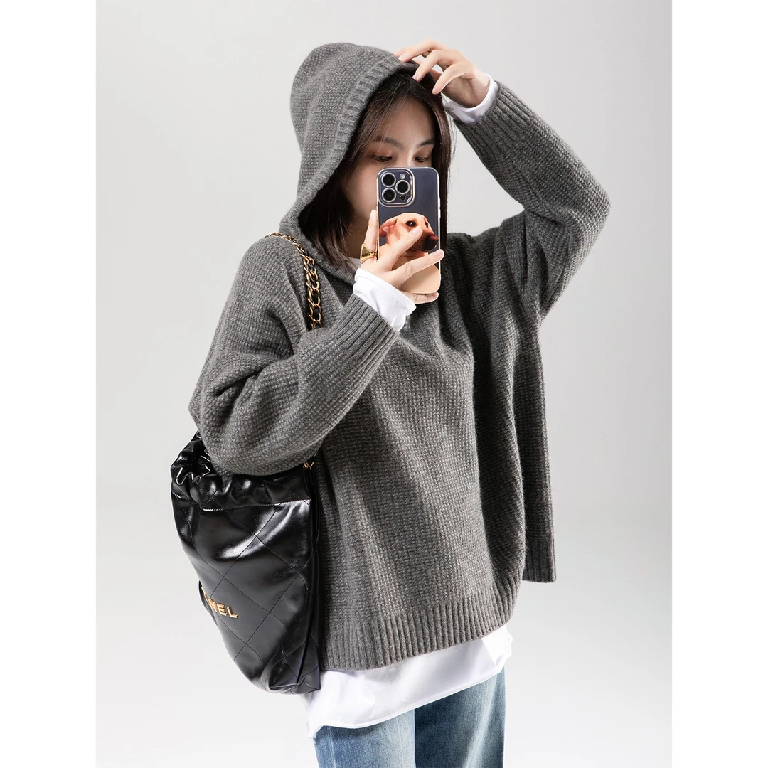 BELIN 慵懒风连帽毛衣女秋冬宽松华夫格内搭外穿叠穿针织衫上衣