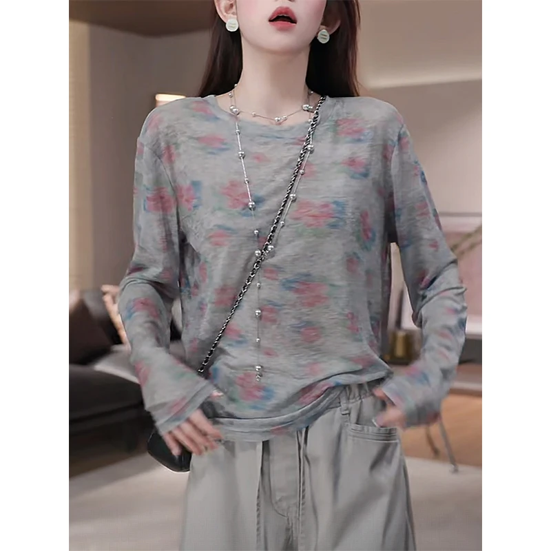 新款印花长袖t恤女洋气减龄上衣2025夏季时尚薄款网纱防晒衣罩衫