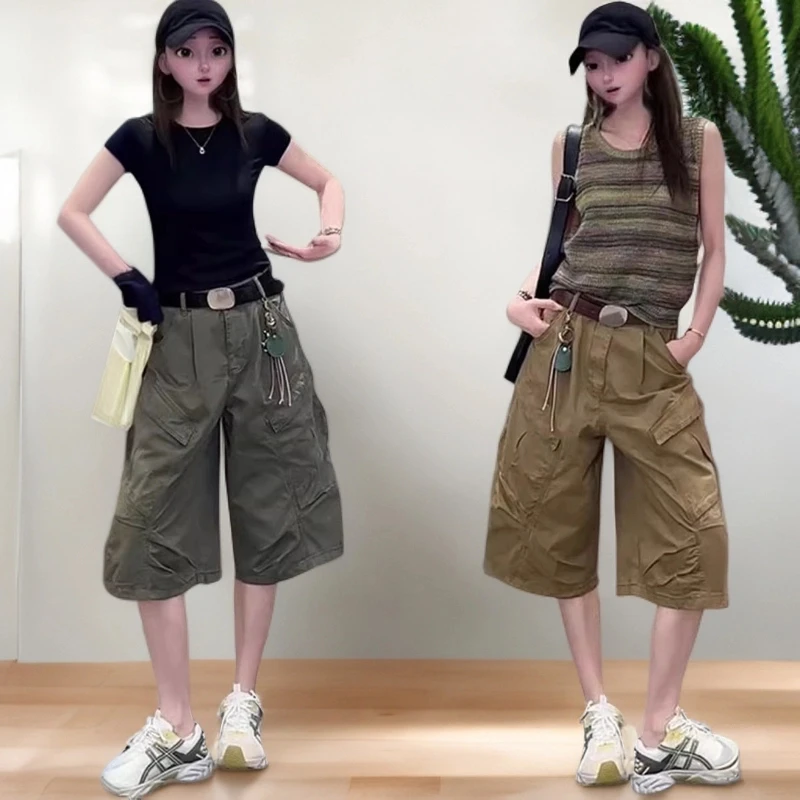 2025夏季薄款设计感阔腿七分裤梨形身材百搭宽松美式工装休闲中裤