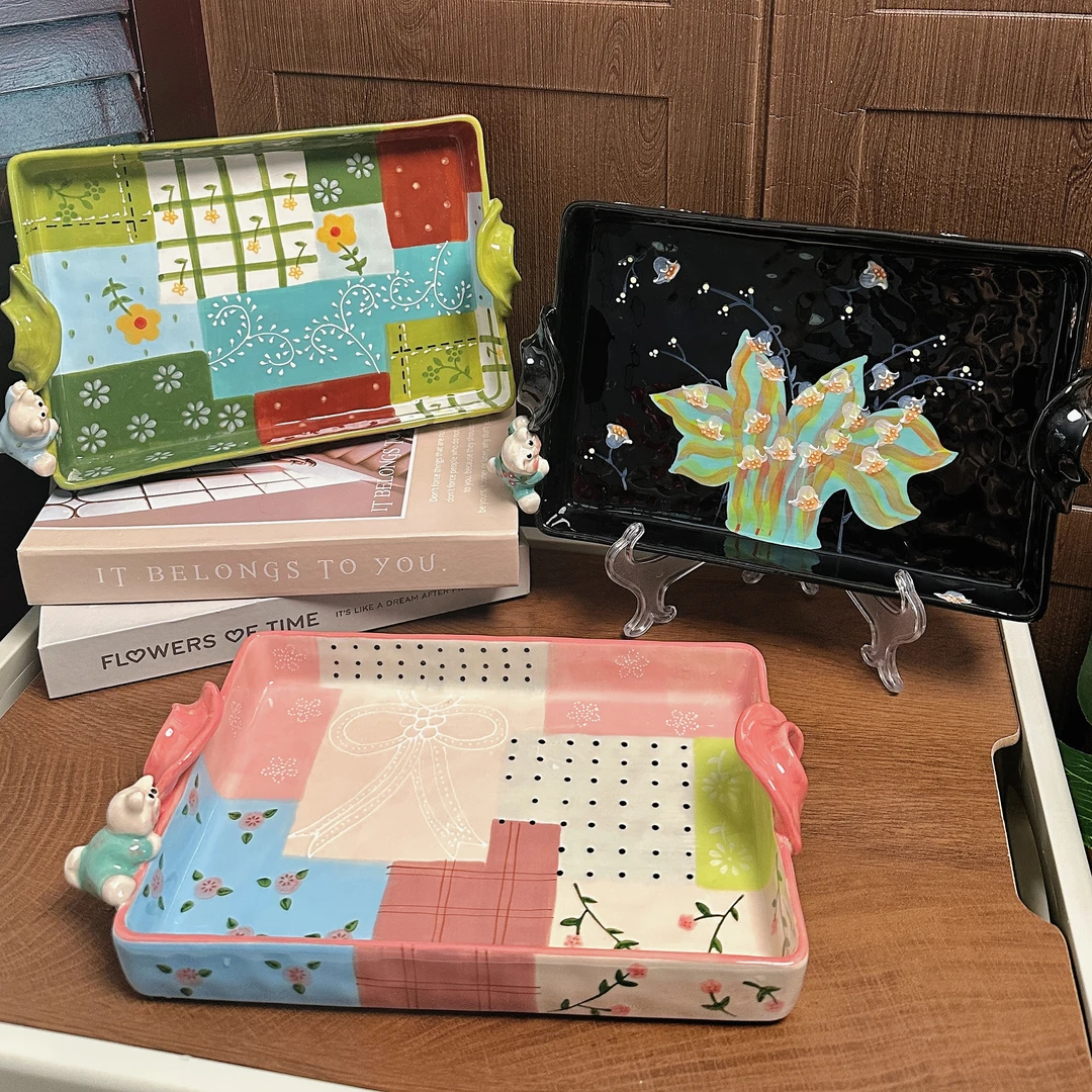 奢]【POP兔】陶瓷家用双耳大烤盘创意手绘托盘点心盘手工收纳盘卡通