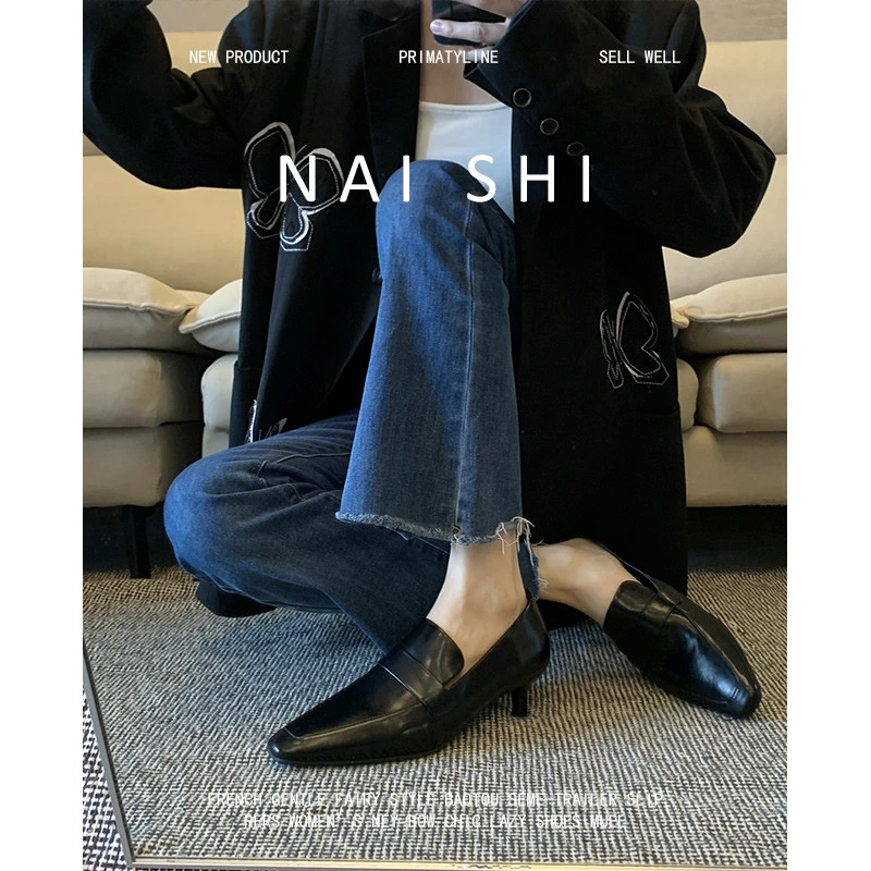 TCZE版！尖头高跟小皮鞋女高级感一脚蹬通勤细跟单鞋英伦风乐福鞋