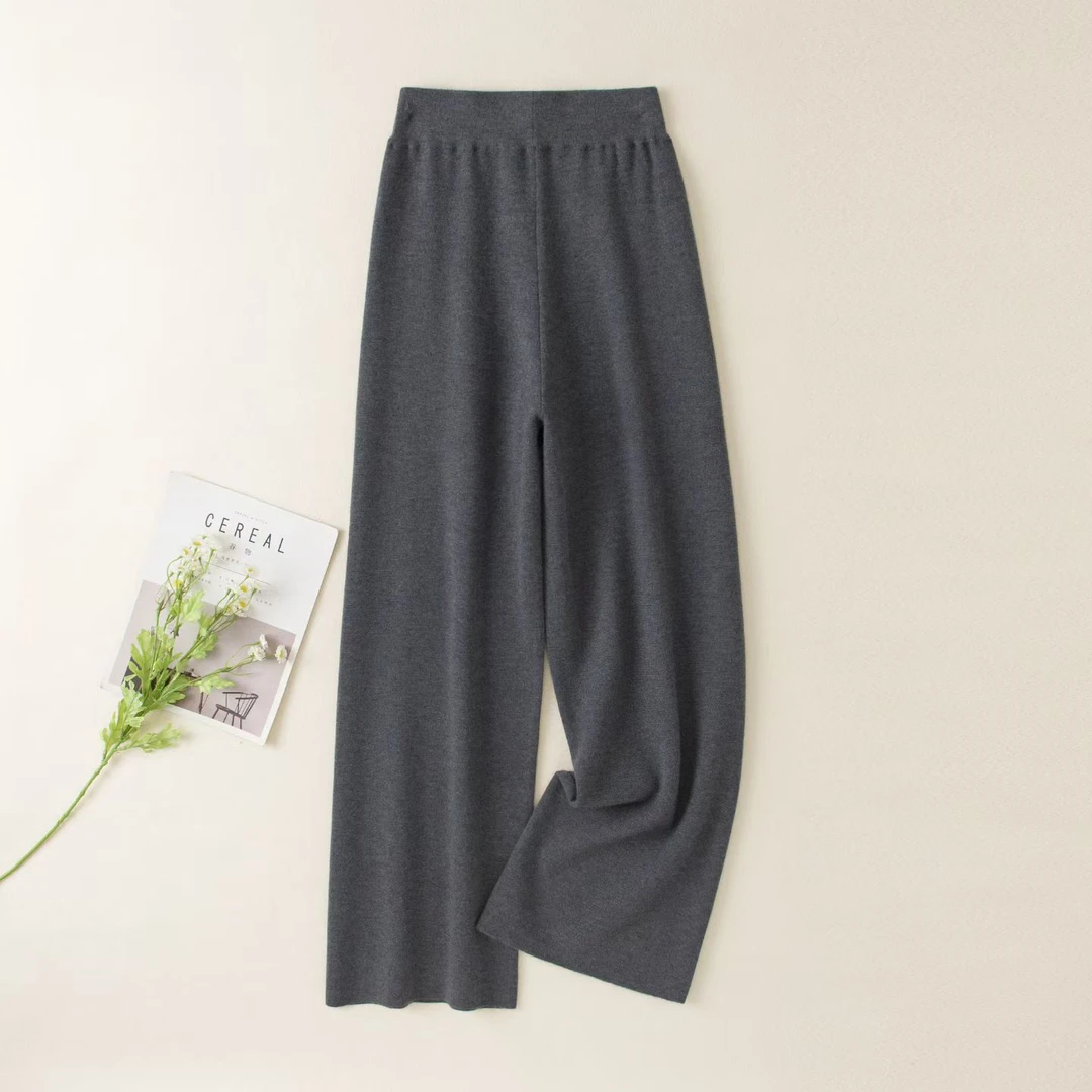 新款100精纺纯羊绒裤女士加厚中腰运动休闲阔腿针织毛裤垂感好