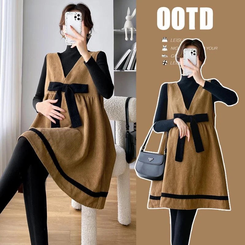 范哲萨孕妇装连衣裙2025小个子孕期灯芯绒套装宽松遮肚打底背心