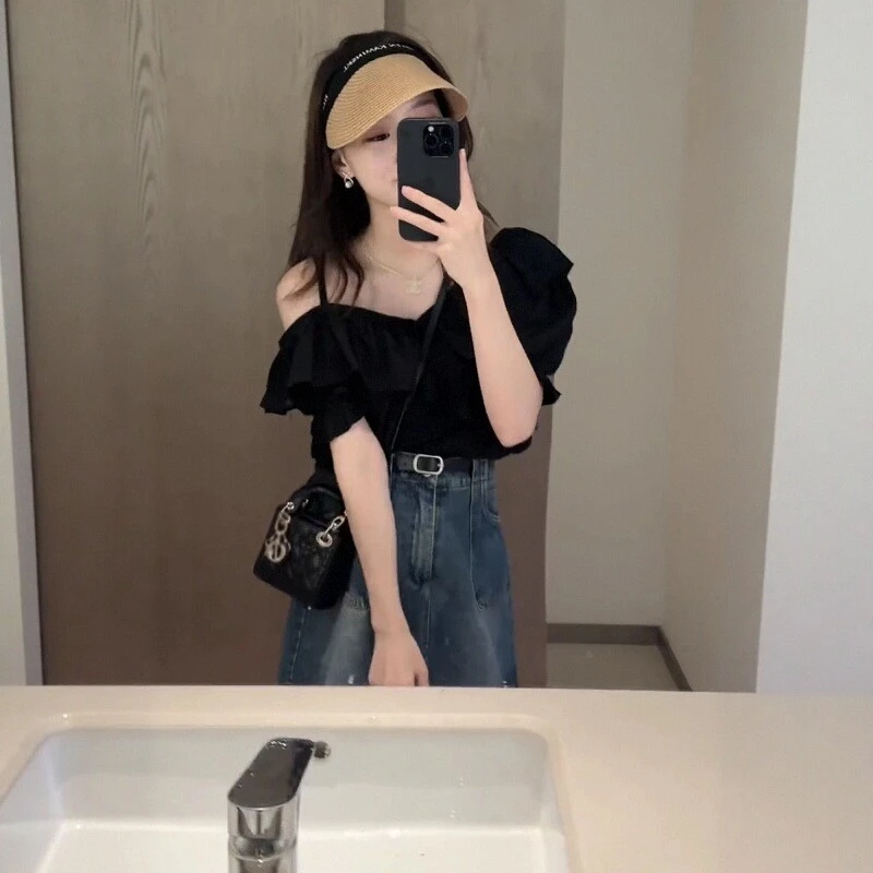 2025夏季女新款设计感小众荷叶边短袖衬衫上衣吊带露肩衬衣小衫