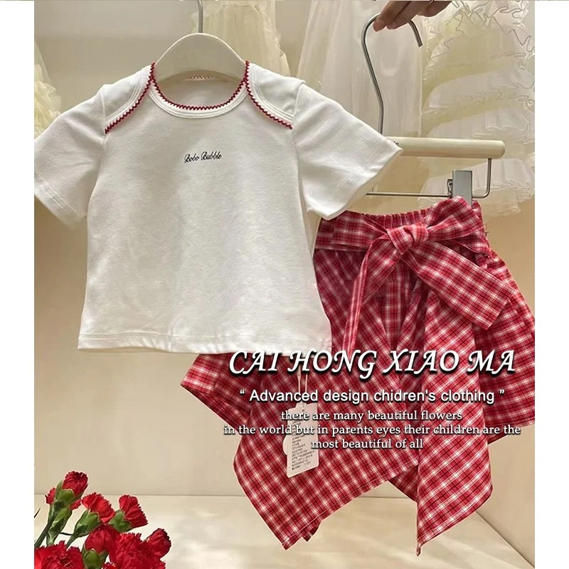韩版童装女童套装25夏季新款儿童洋气拼色短袖T恤蝴蝶结格子半裙
