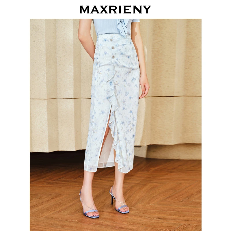 MAXRIENY浪漫感荷叶边开衩半裙雪纺印花半身裙子