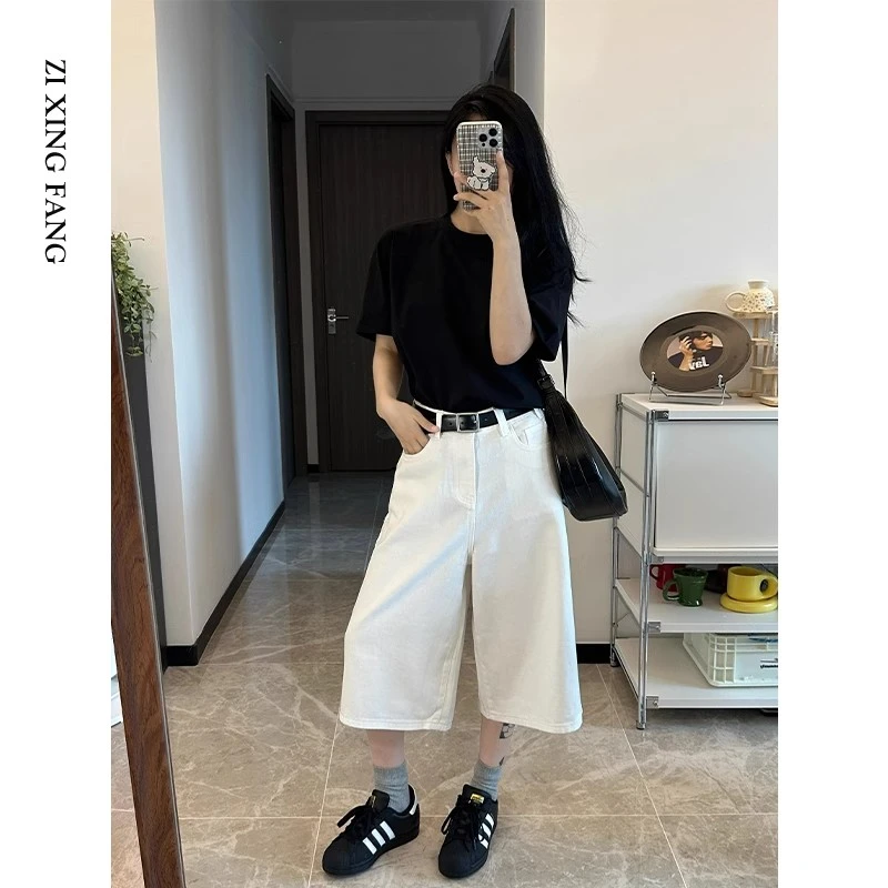 SHIBEI 原创款透气不闷热七分纯白色牛仔裤小个子显高百搭有质感