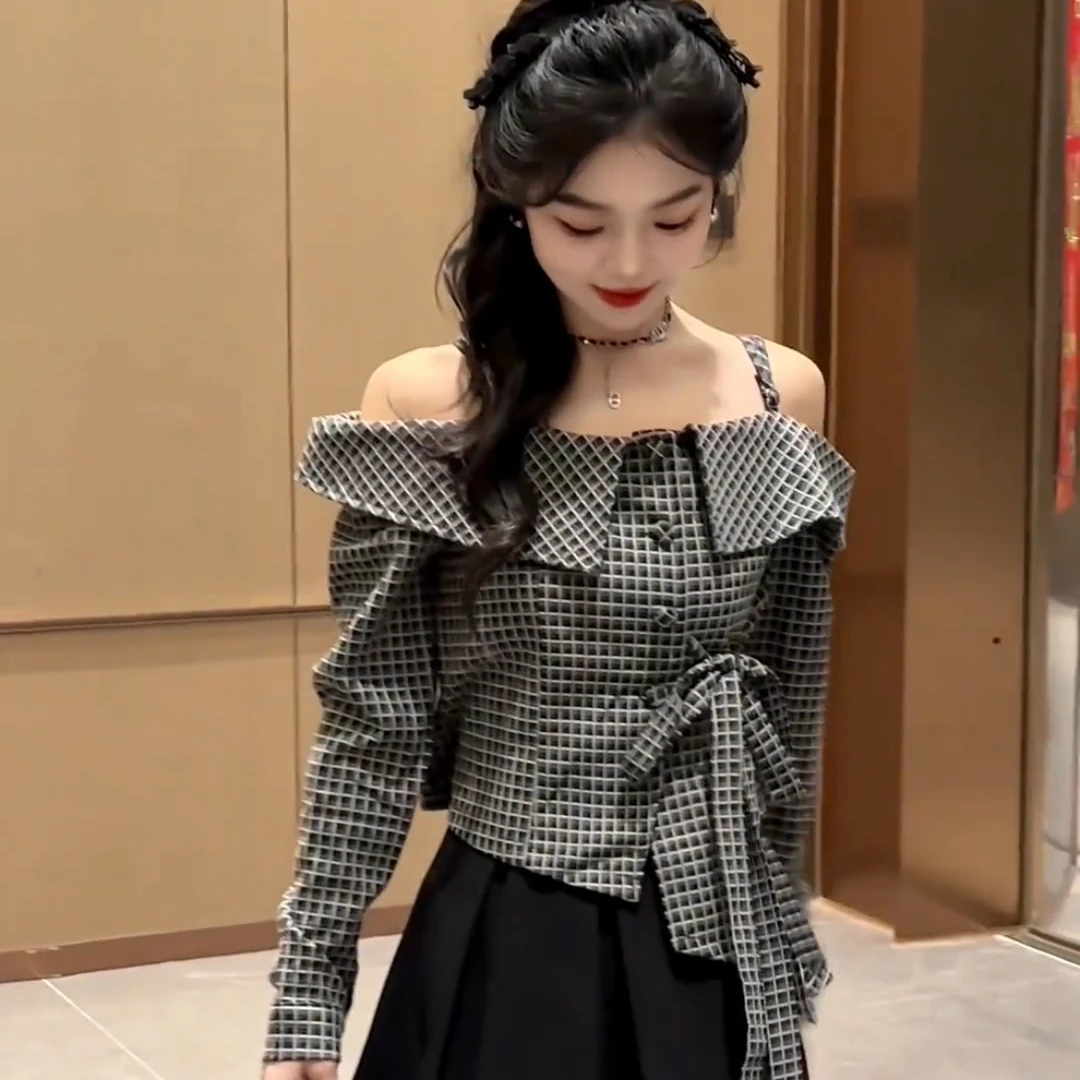 温柔风洋气甜美绑带收腰显瘦长袖荷叶边格子露肩衬衫半身裙套装女