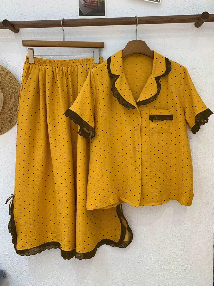 少女波点印花开衫睡衣女夏季2025新款大码宽松短袖长裤家居服套装