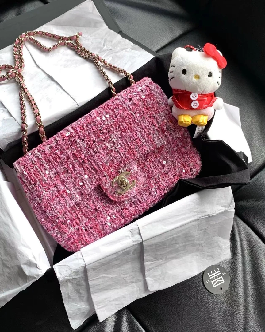 99新 Chanel/香奈儿 24p 粉色毛呢亮片大mini包 20cm 16690183