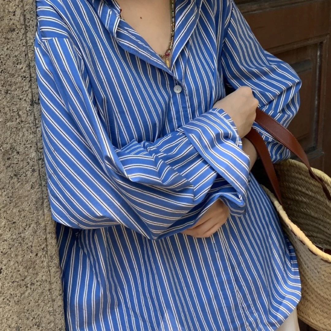【美琪元选】镰刀袖 宽松特制条纹女士长袖衬衫