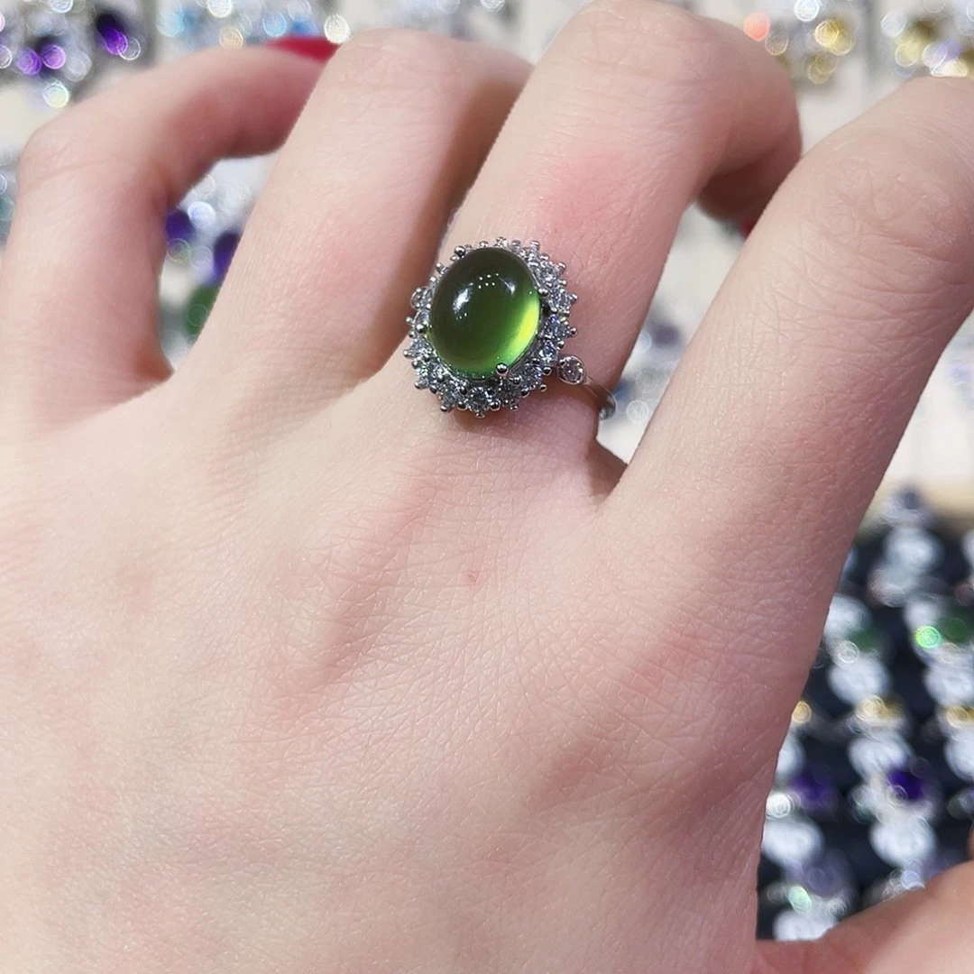 银S925镶嵌蛇纹石玉戒指戒指