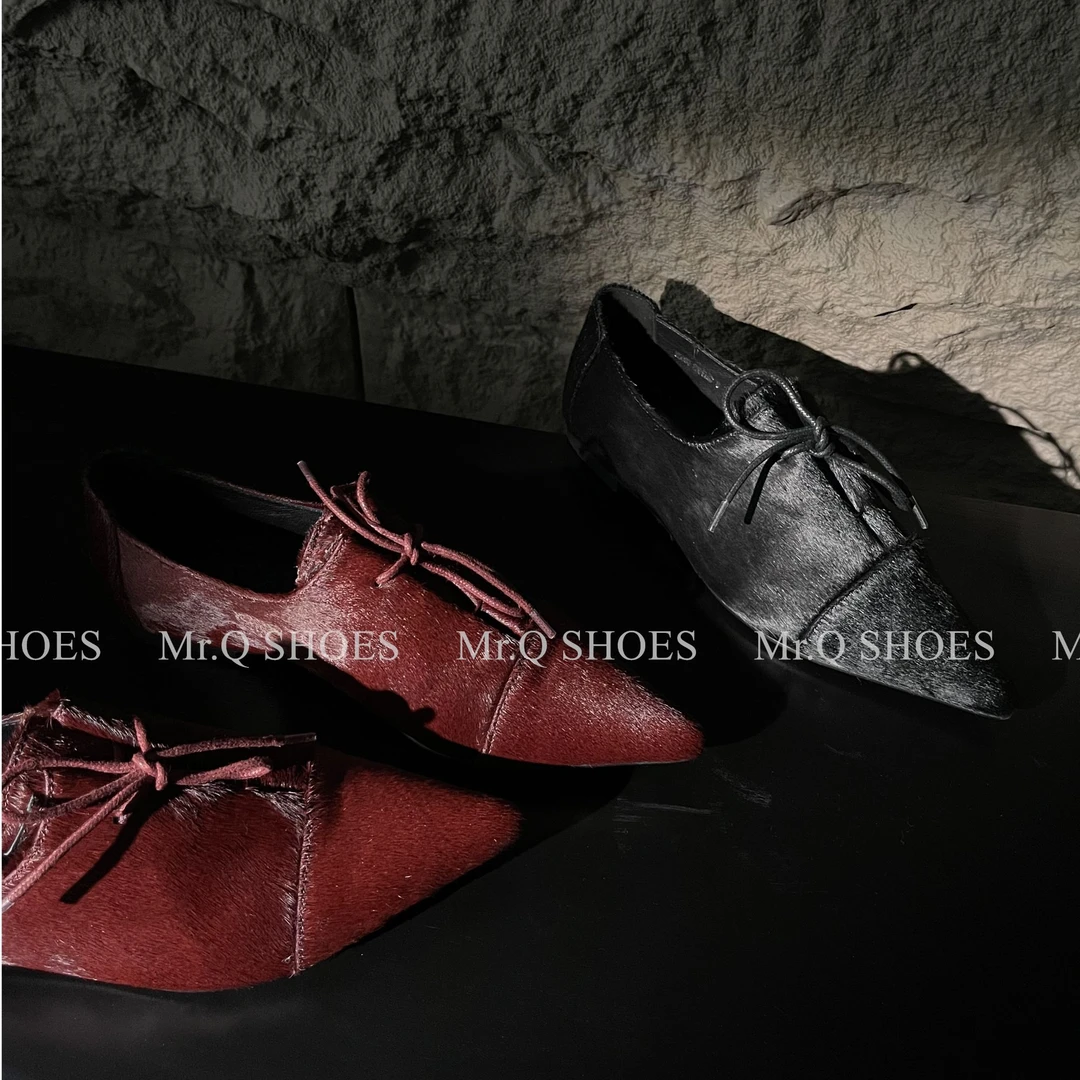 34-40/1cm跟高/黑红/法式气质尖头马毛低跟系带单鞋