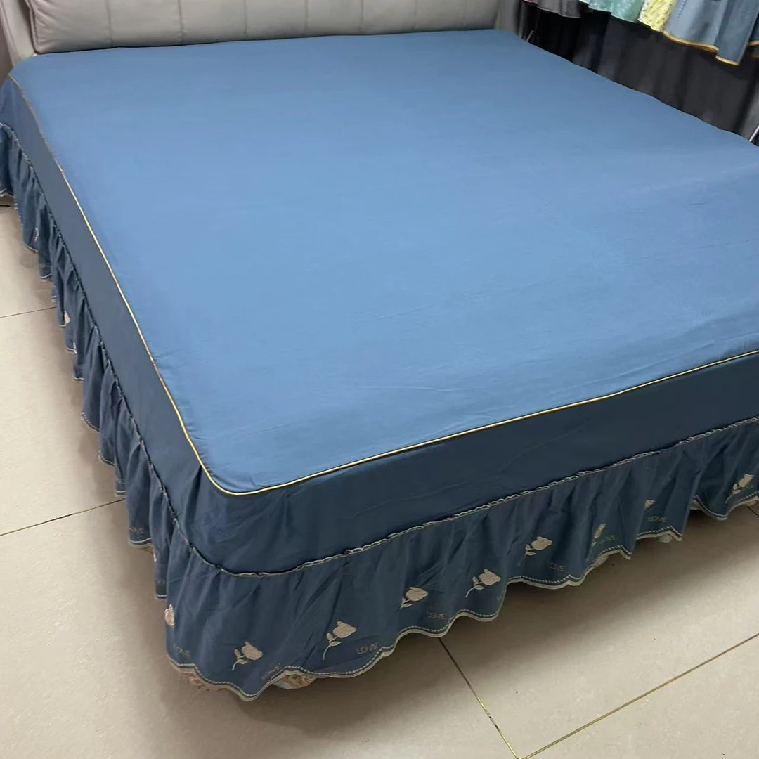 蓝色绣花床罩，莫代尔磨毛加厚