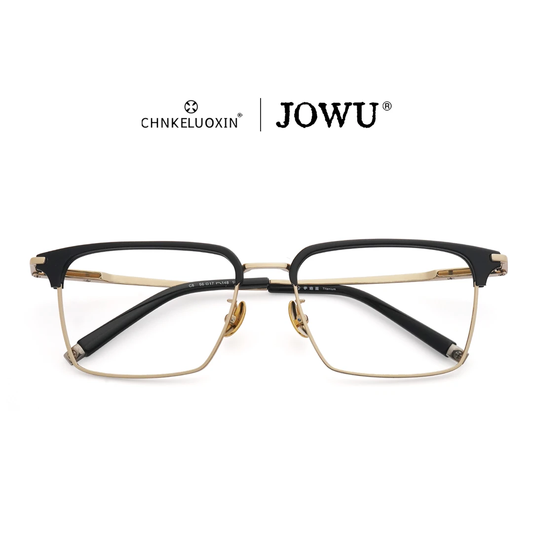 玖吾联名平安禧作1602大脸眉框钛架商务时尚超轻手工方形纯钛牛角