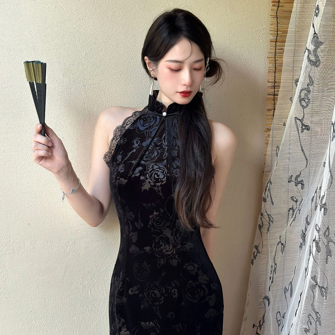 【小徐推荐】新款改良新中式无袖修身黑色复古丝绒旗袍日常裙长120