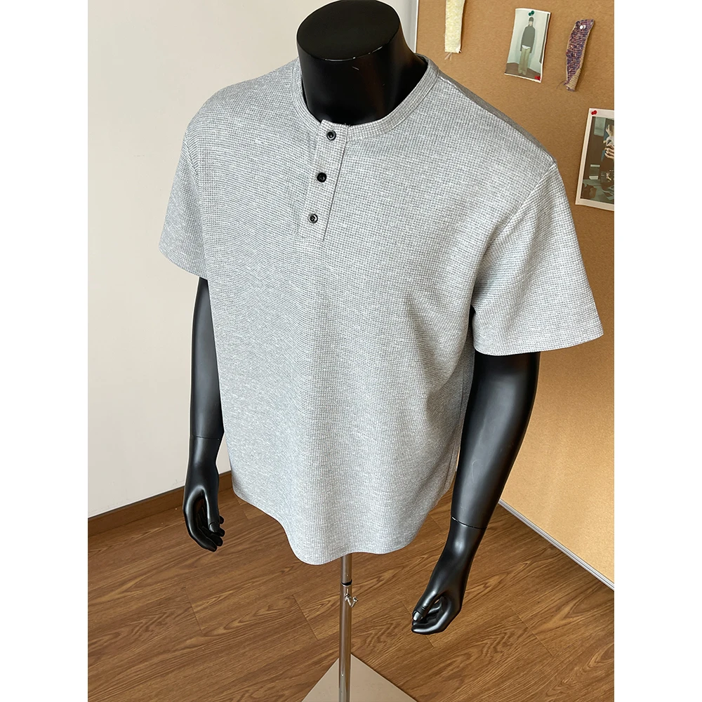 G501原创亨利领短袖T恤男显壮版型体恤衫华夫格美式休闲半袖上衣