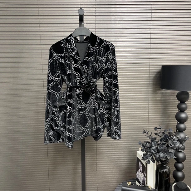 罗马女神金丝绒黑色链条西装外套上衣名媛气质款礼服-链条