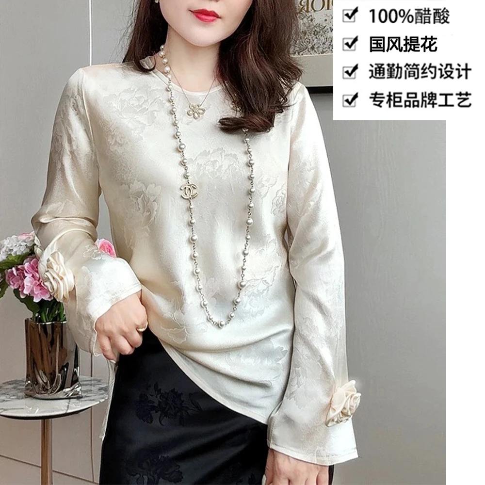 100醋酸重磅肌理感提花新中式玫瑰袖花醋酸T恤上衣ZKA72