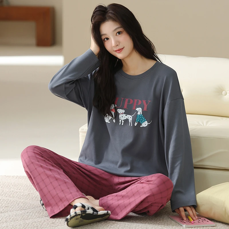 秋冬季女士睡衣纯棉套装休闲舒适柔软亲肤套头女生家居服可外穿