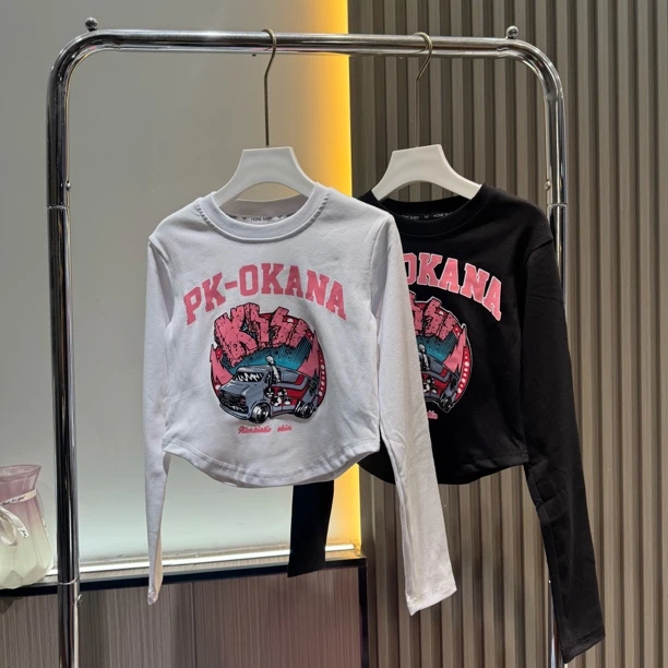 女童短款卡通长袖T恤春季2025新款韩版洋气儿童修身百搭打底上衣