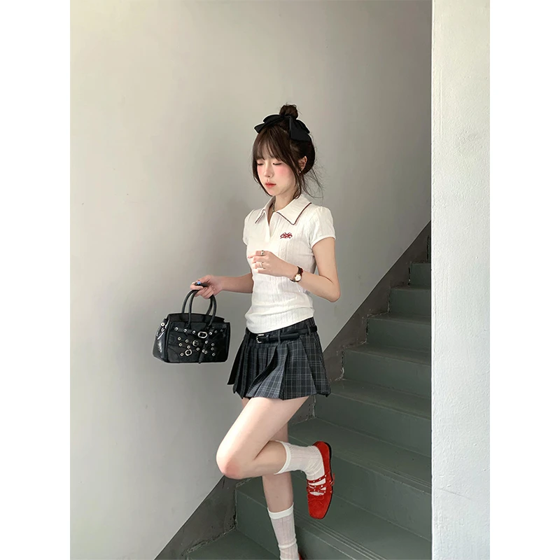 美式正肩polo领短袖T恤女夏季2025新款纯欲辣妹格子短裙两件套装
