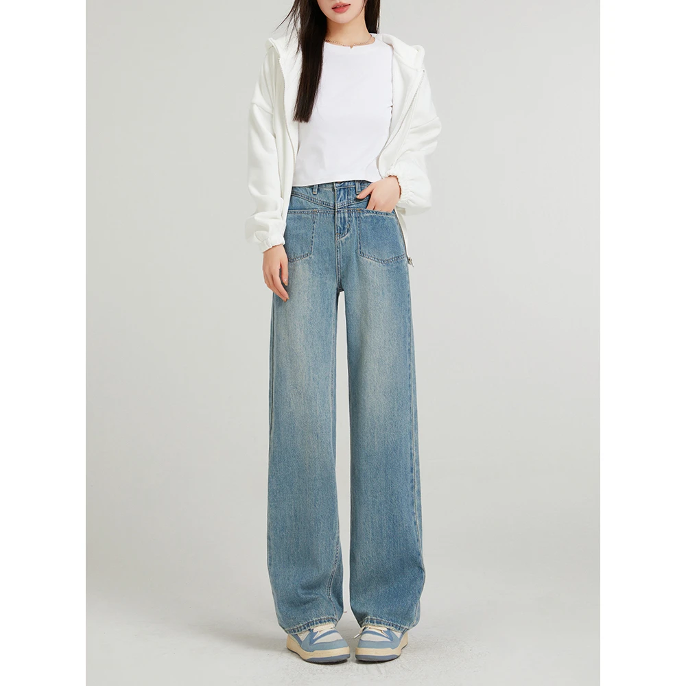 Space Password春季新款阔腿裤女生复古显瘦小众水洗牛仔长裤8278