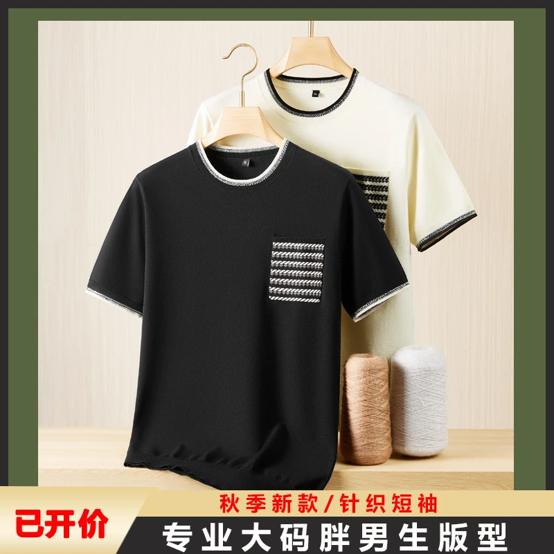 针织短袖男生大码宽松秋季新款时尚休闲百搭圆领半袖男毛衣薄款