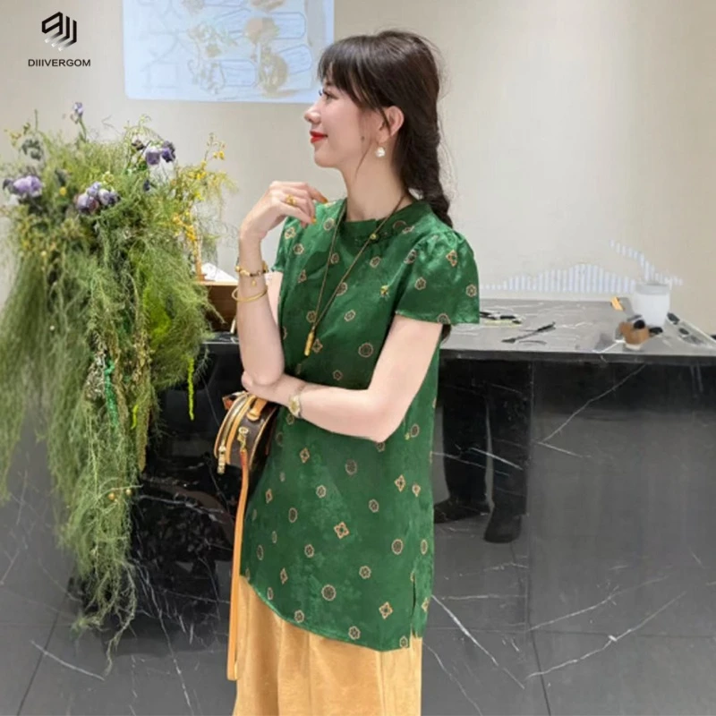 DIIIVERGOM新中式绿色盘扣立领上衣套装女2025夏宽松阔腿裤两件套