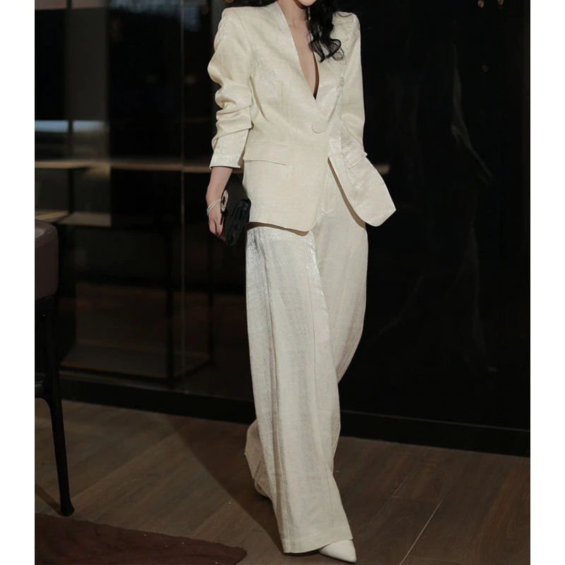 2025新款级西装套装重工纯色钉珠宽松西服阔腿裤两件套女休闲时尚