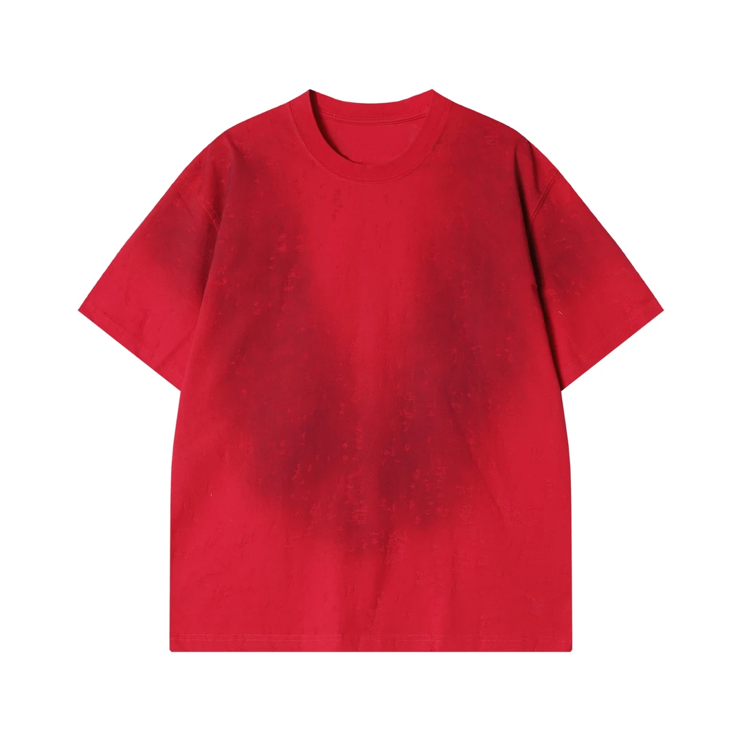 夏季新款时尚个性美式晕染渐变磨破圆领短袖T恤潮流情侣宽松上衣