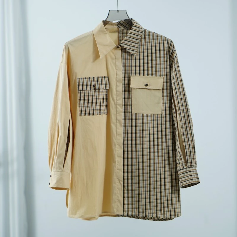 【三C・伊】E093-1  女装春秋简约拼色衬衫格纹杏色Y22320125C00